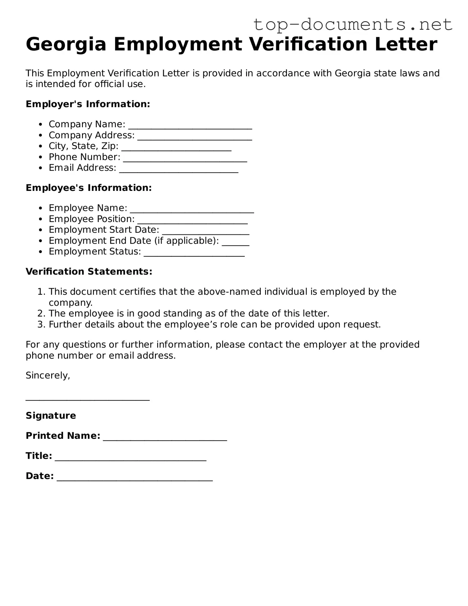 Printable Employment Verification Form for the State of Georgia