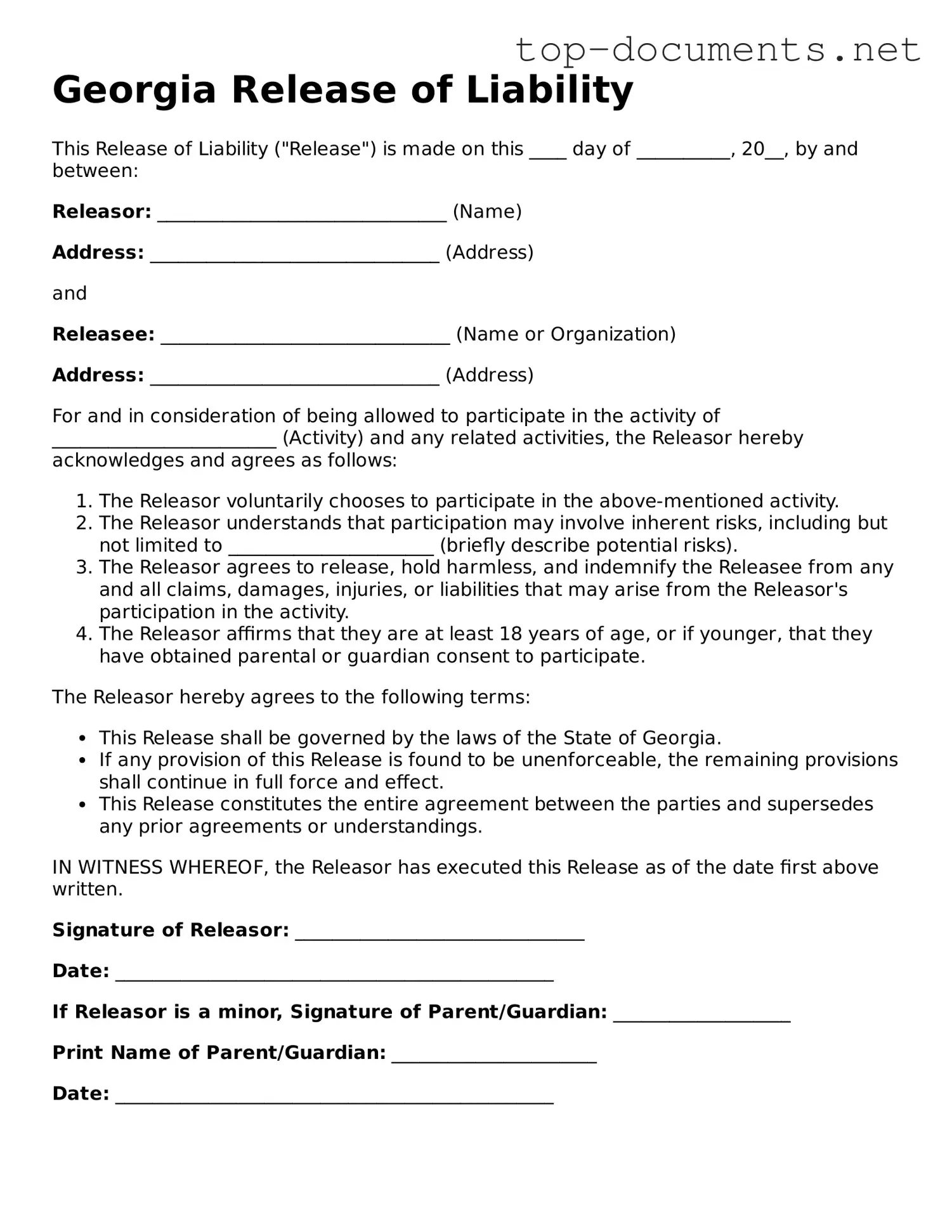 Printable Release of Liability Form for the State of Georgia