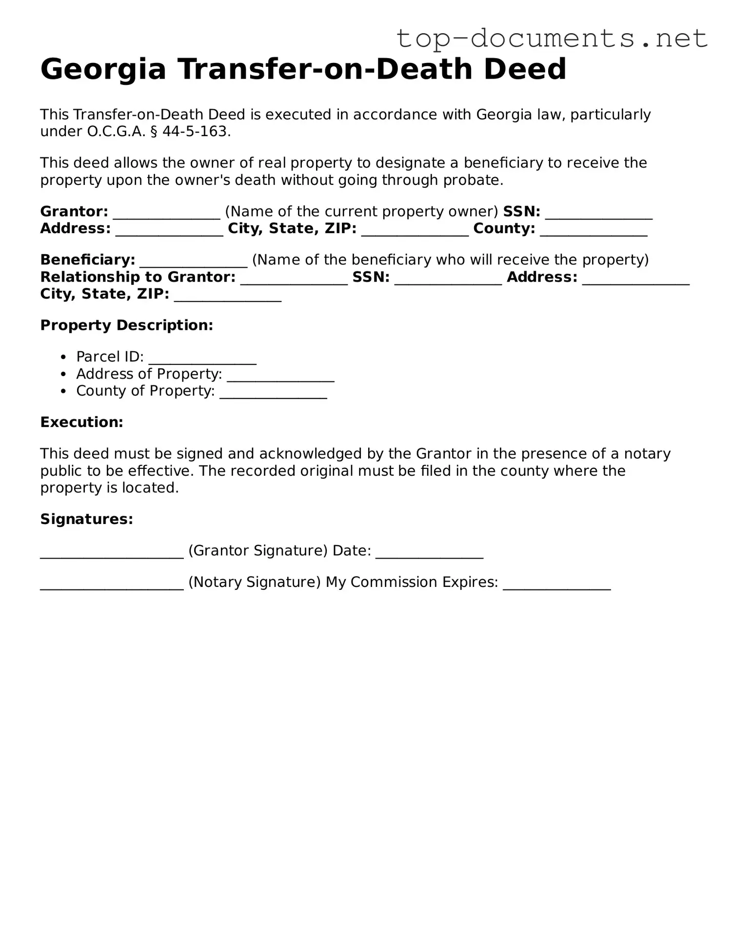 Printable Transfer-on-Death Deed Form for the State of Georgia