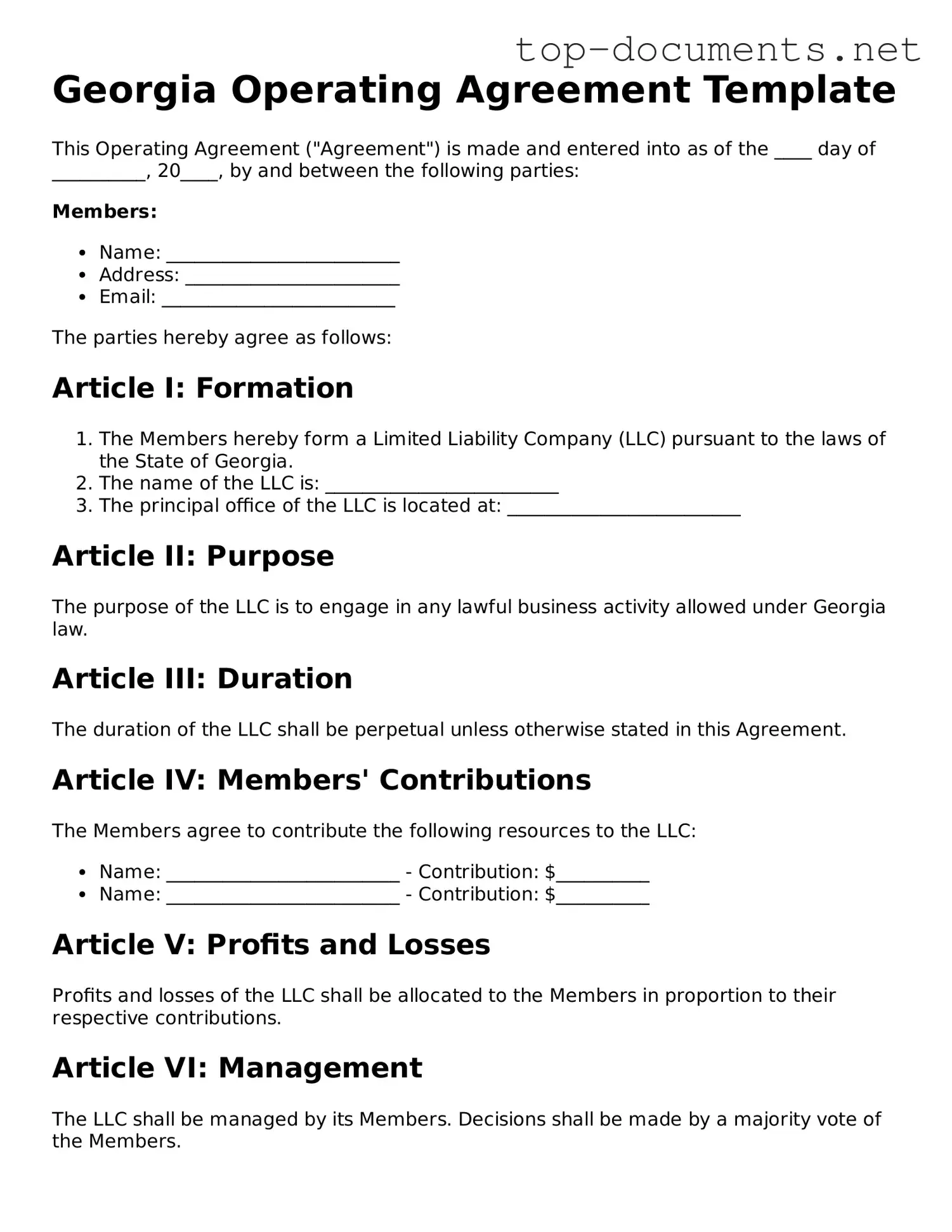 Printable Operating Agreement Form for the State of Georgia