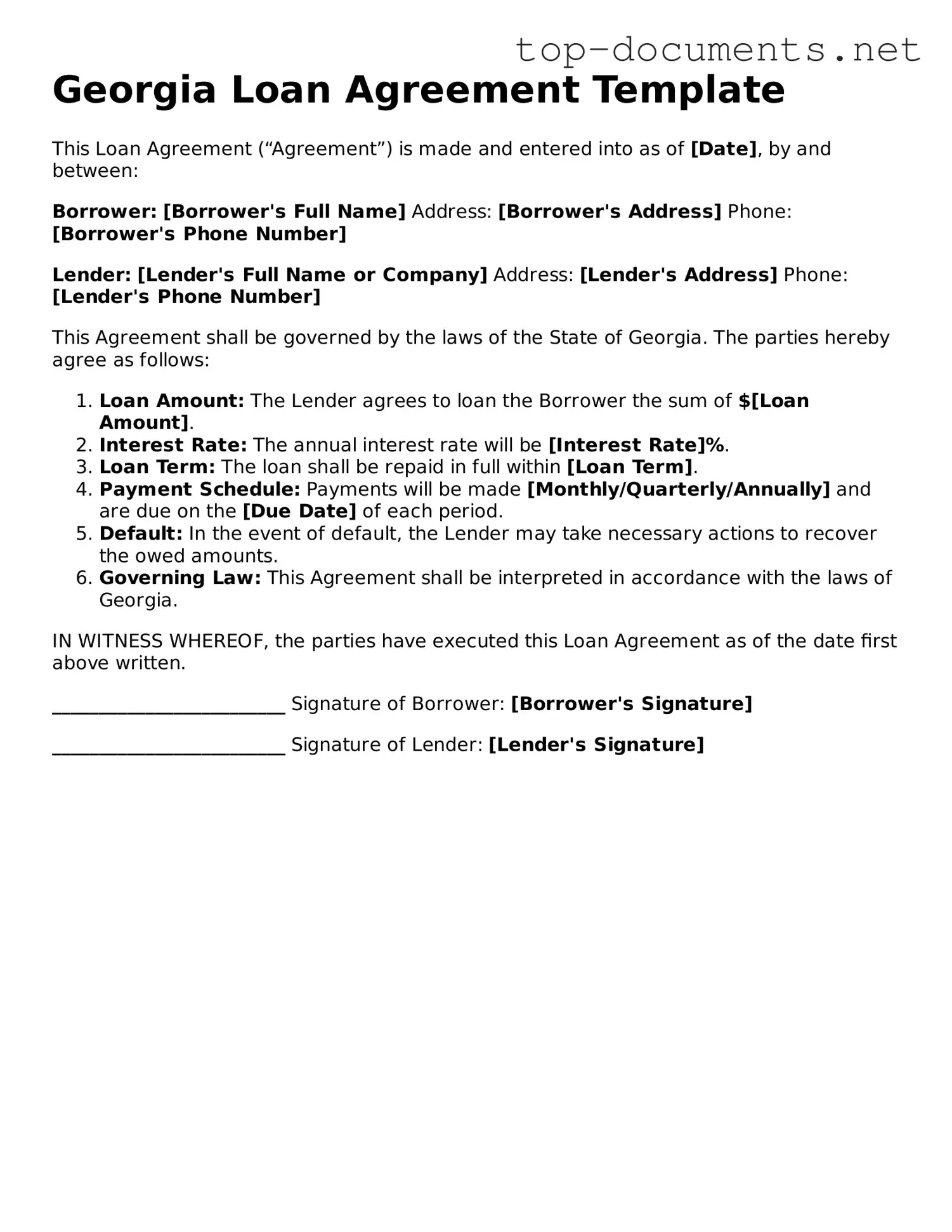 Printable Loan Agreement Form for the State of Georgia