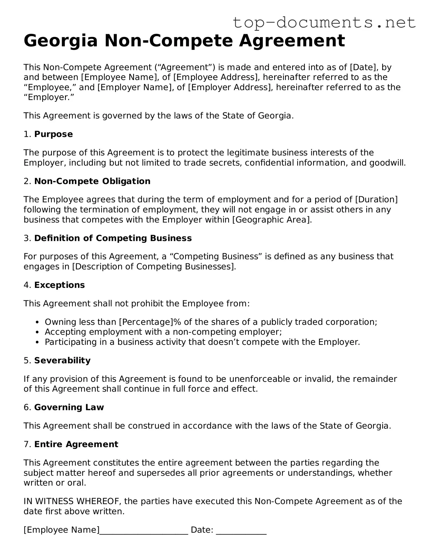 Printable Non-compete Agreement Form for the State of Georgia