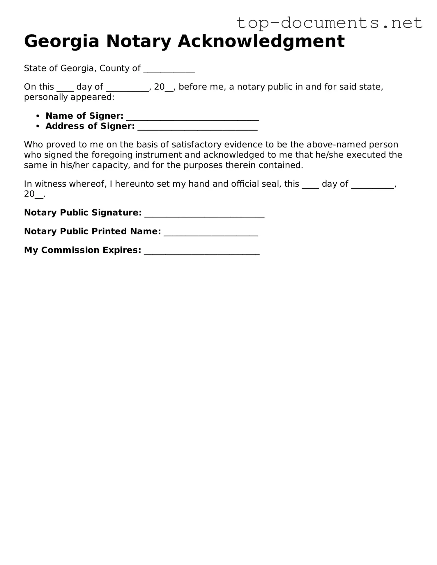Printable Notary Acknowledgement Form for the State of Georgia