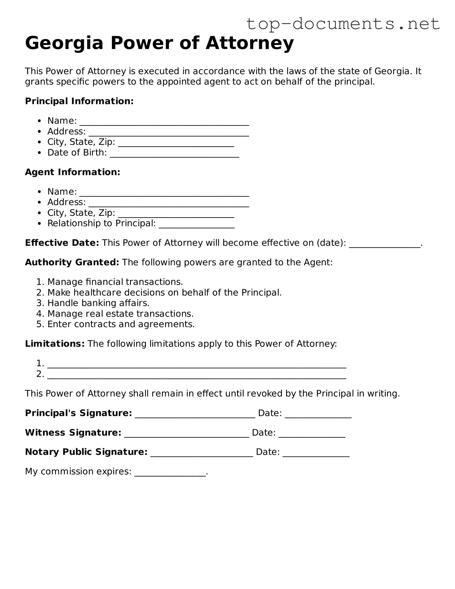 Printable Power of Attorney Form for the State of Georgia