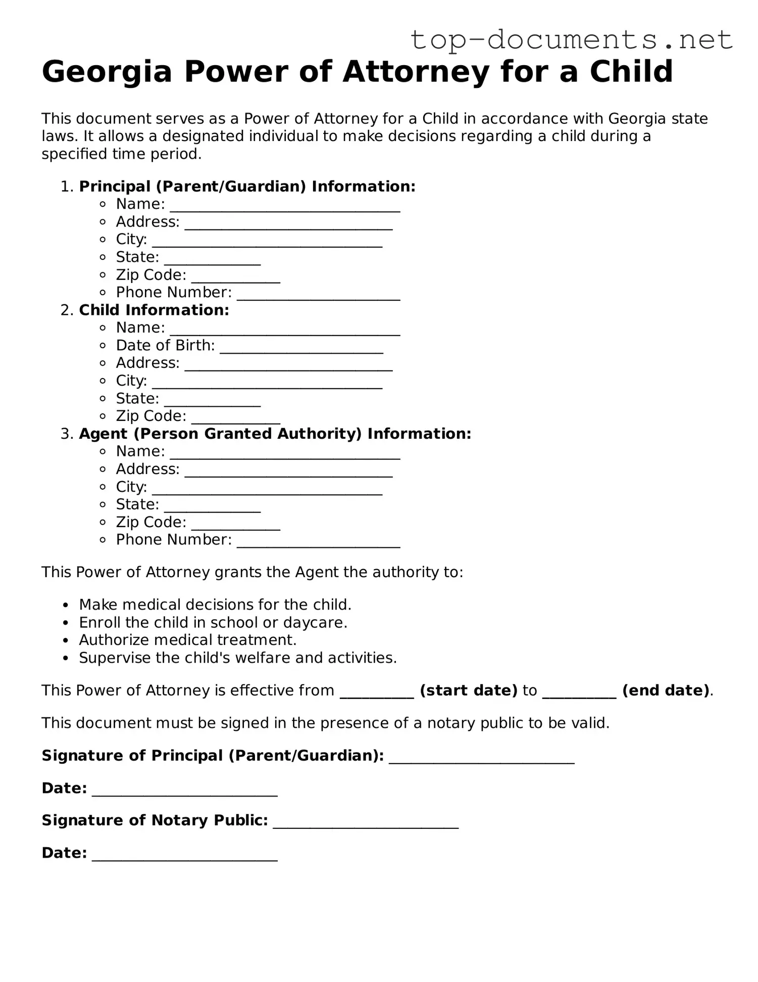 Printable Power of Attorney for a Child Form for the State of Georgia