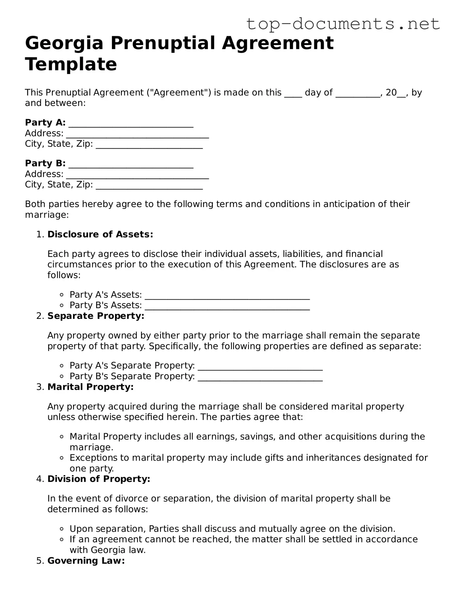 Printable Prenuptial Agreement Form for the State of Georgia
