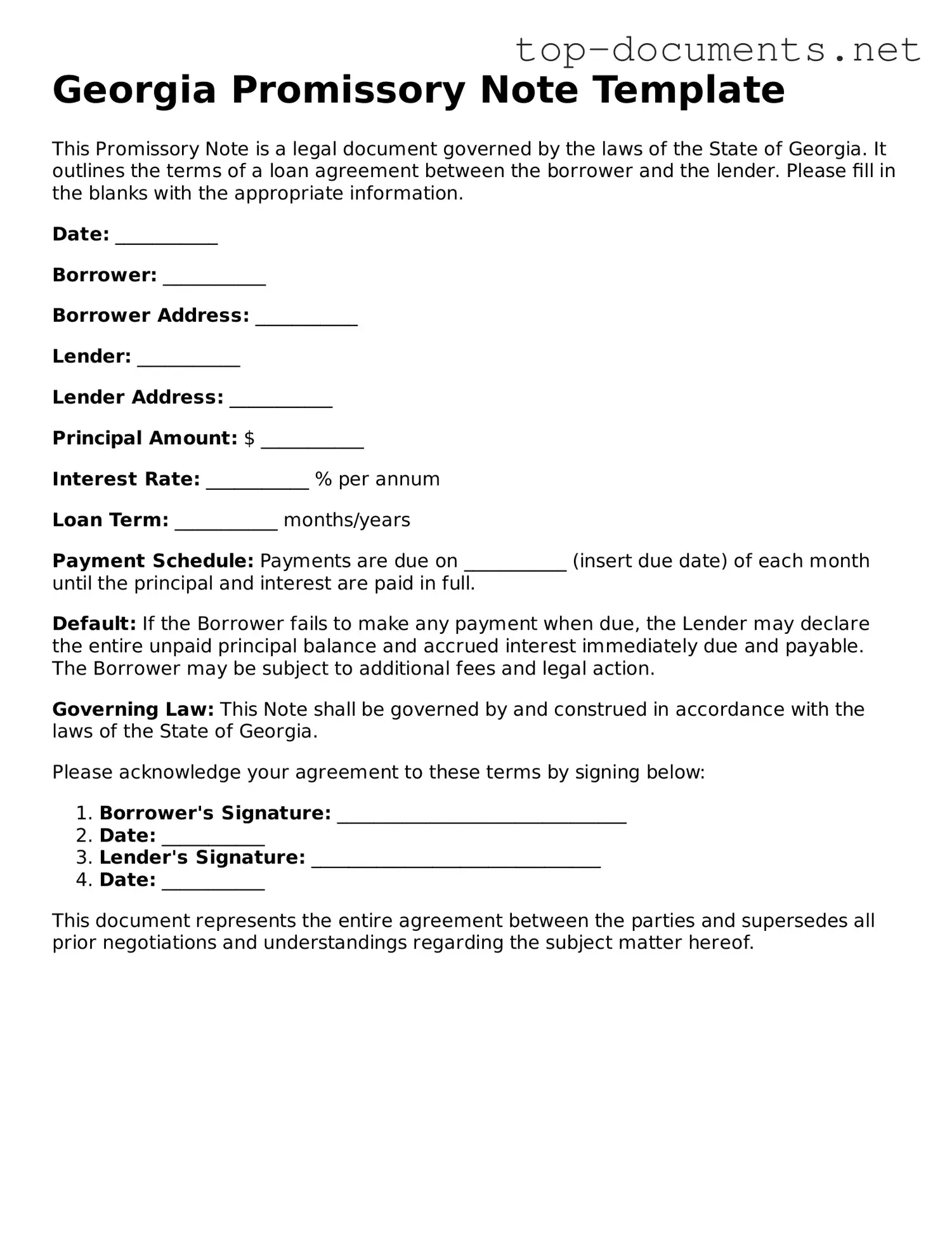 Printable Promissory Note Form for the State of Georgia