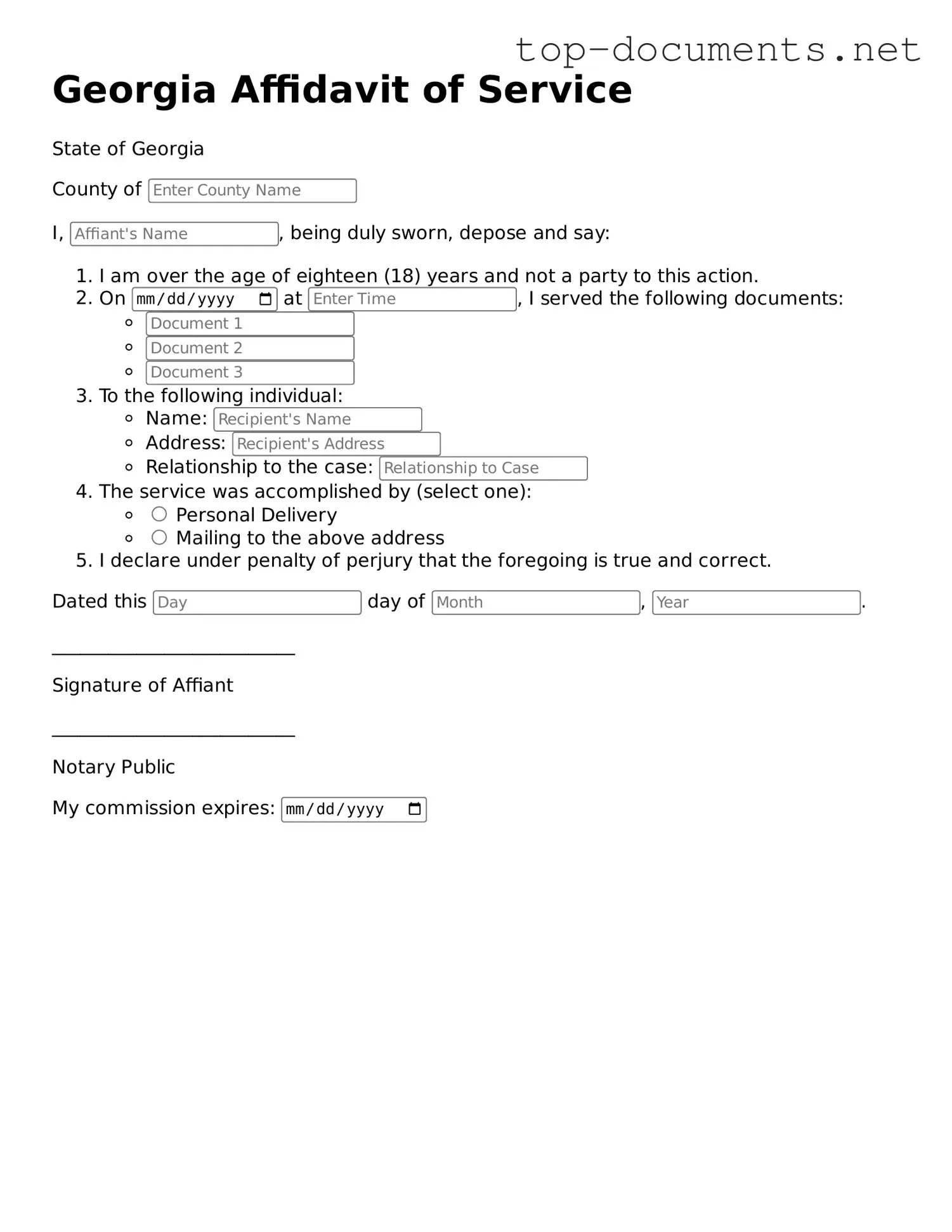 Printable Affidavit of Service Form for the State of Georgia