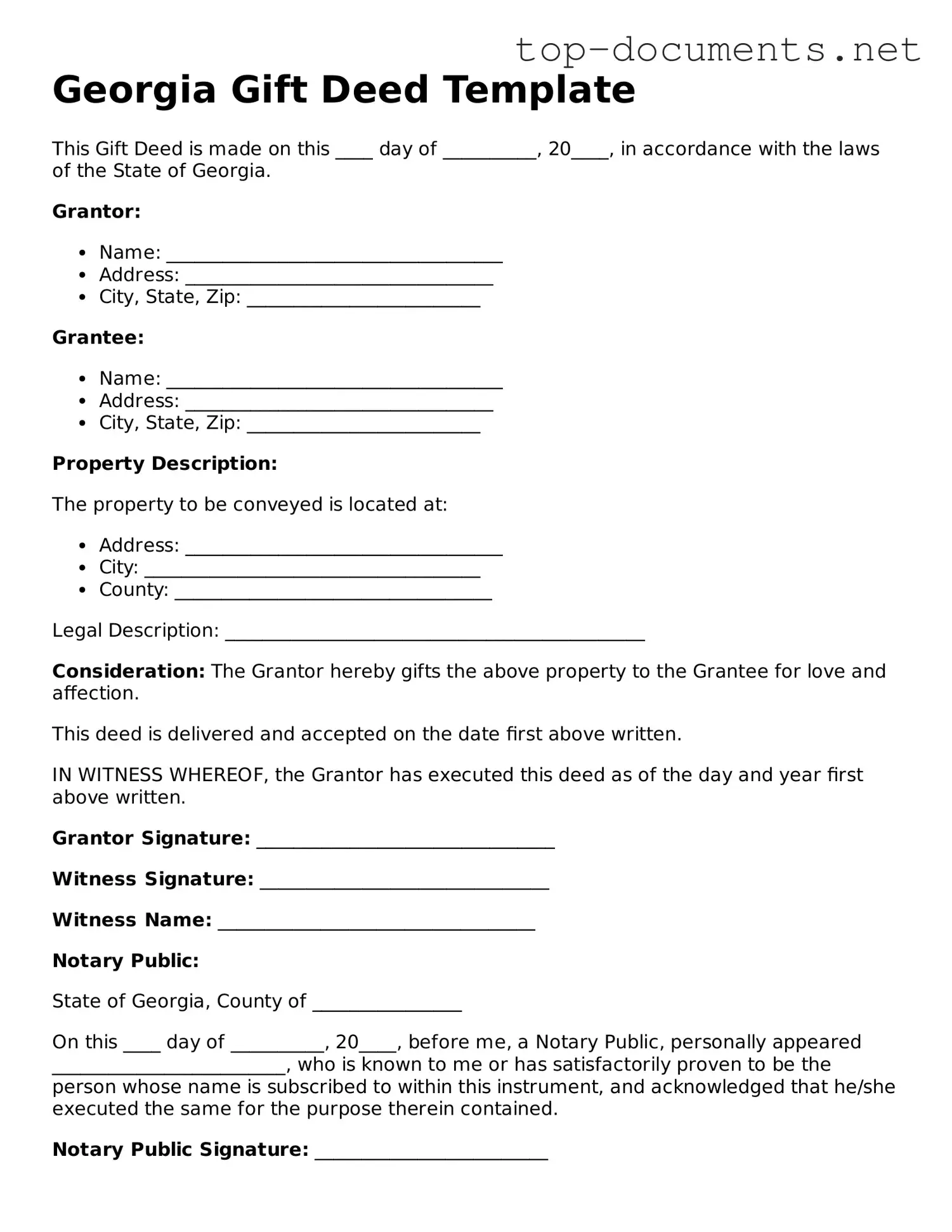 Printable Gift Deed Form for the State of Georgia