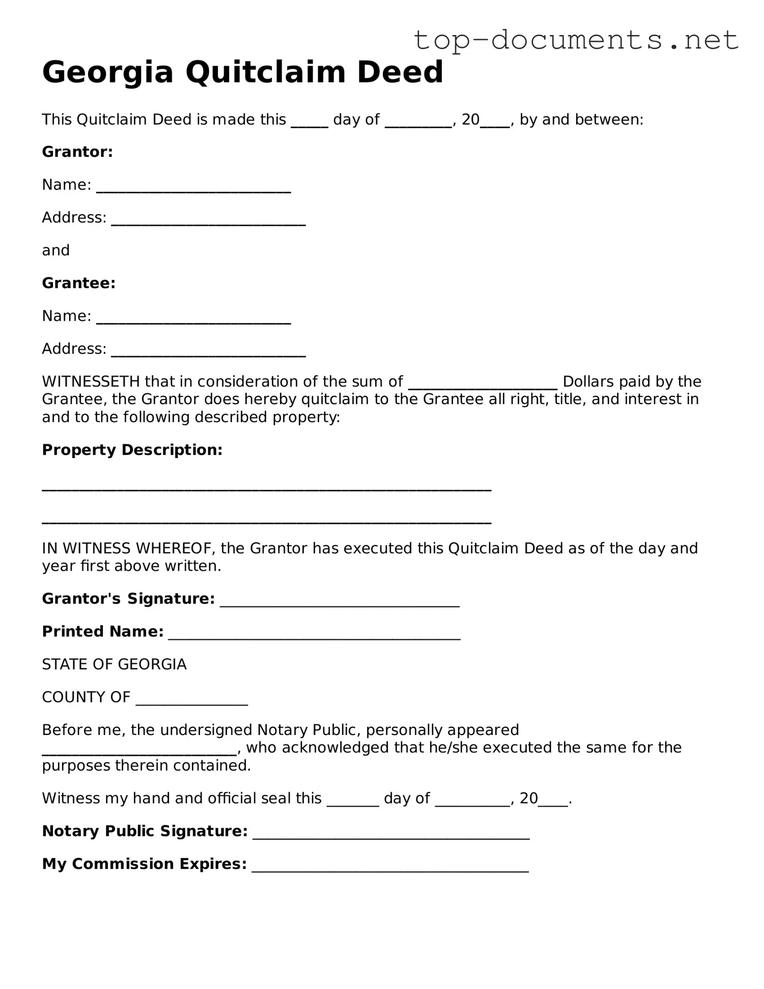 Printable Quitclaim Deed Form for the State of Georgia