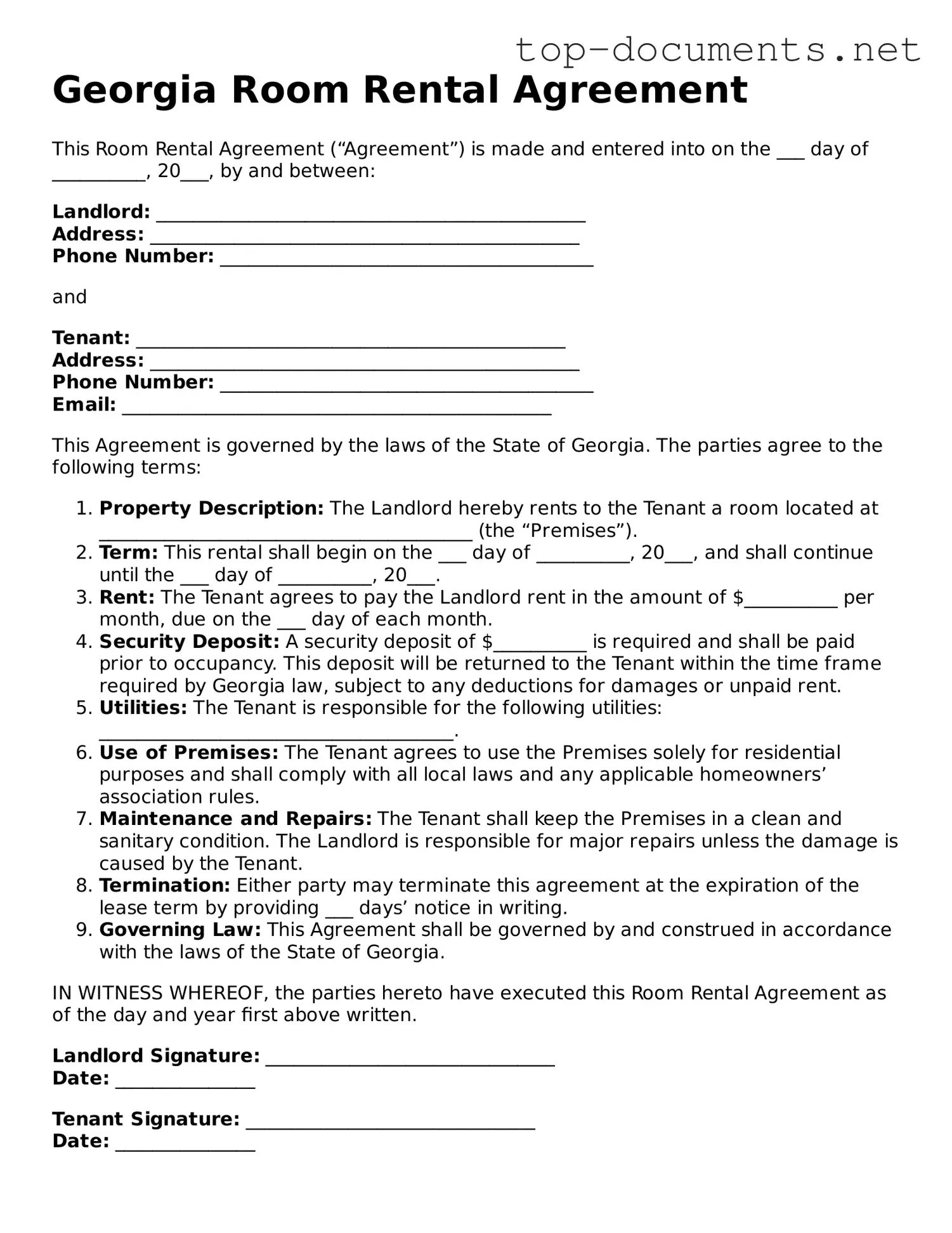 Printable Room Rental Agreement Form for the State of Georgia