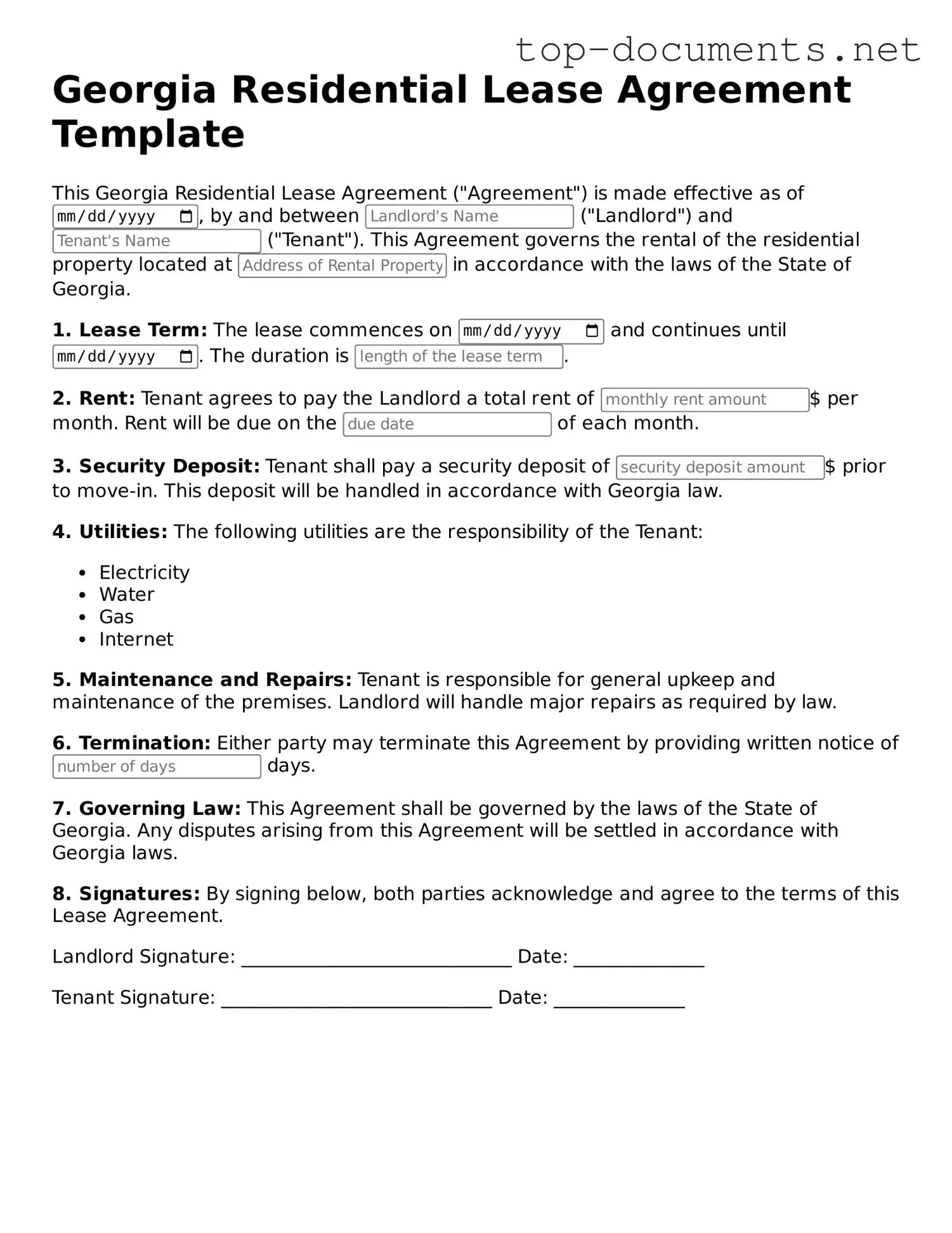 Printable Residential Lease Agreement Form for the State of Georgia