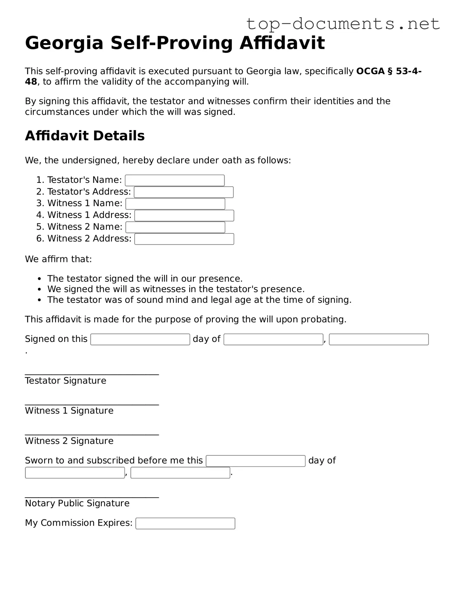Printable Self-Proving Affidavit Form for the State of Georgia