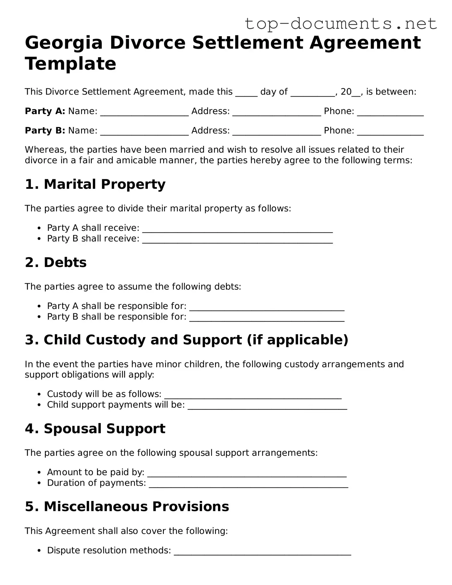 Printable Divorce Settlement Agreement Form for the State of Georgia