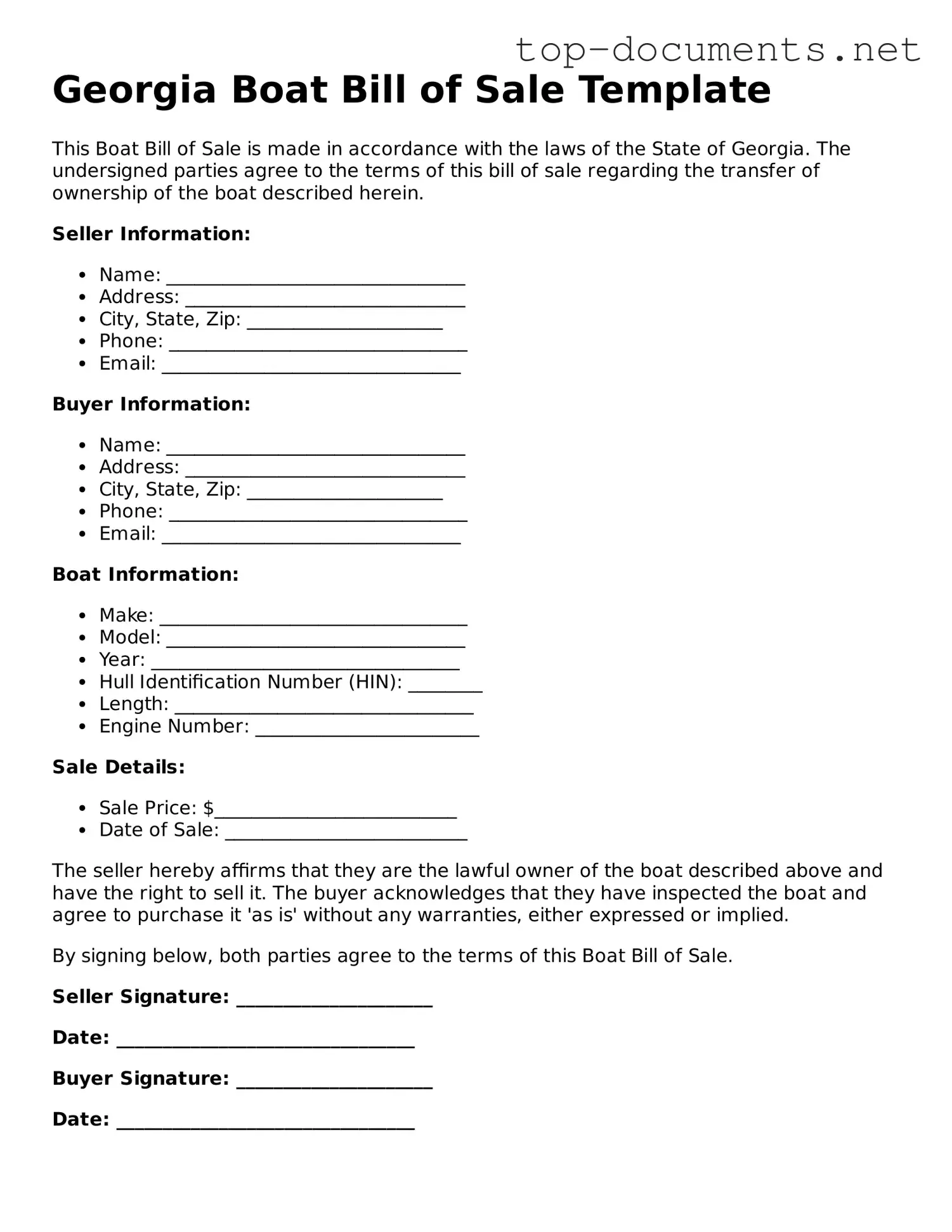 Printable Boat Bill of Sale Form for the State of Georgia