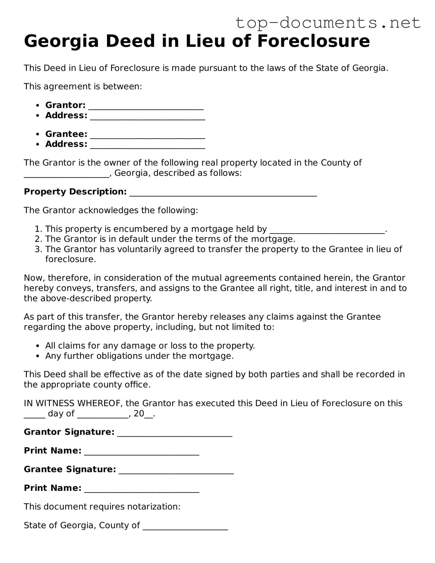 Printable Deed in Lieu of Foreclosure Form for the State of Georgia