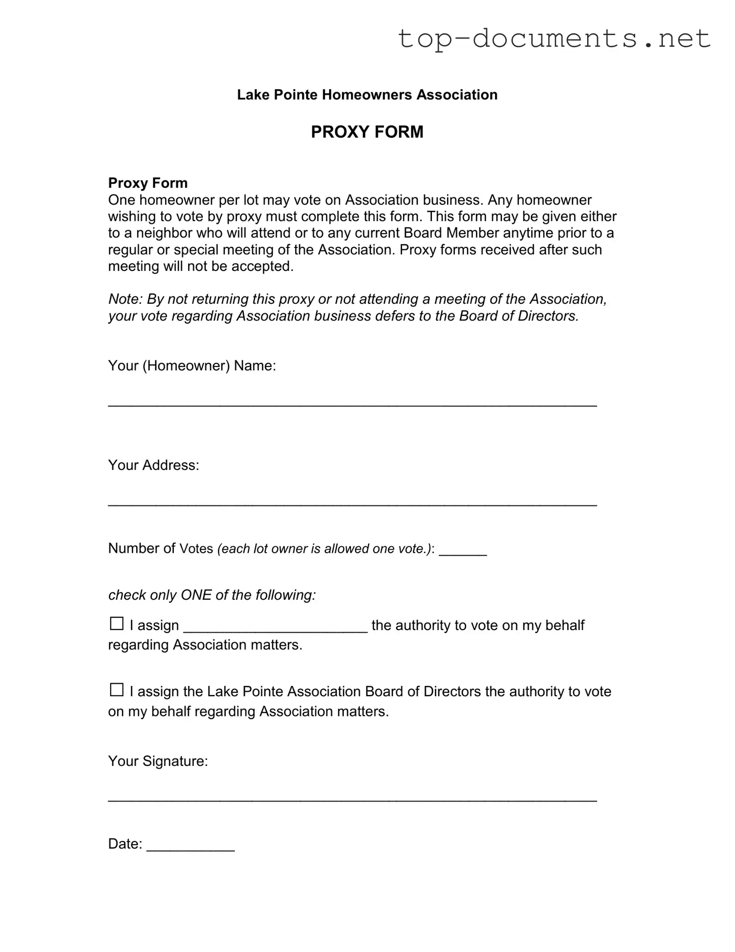 Free Homeowners Association Proxy PDF Form