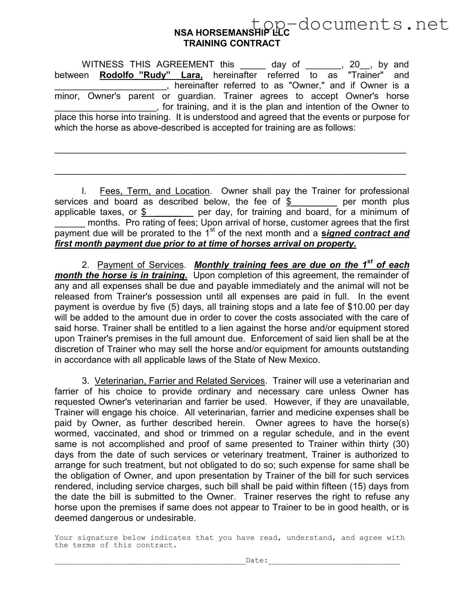 Free Horse Training Contract PDF Form