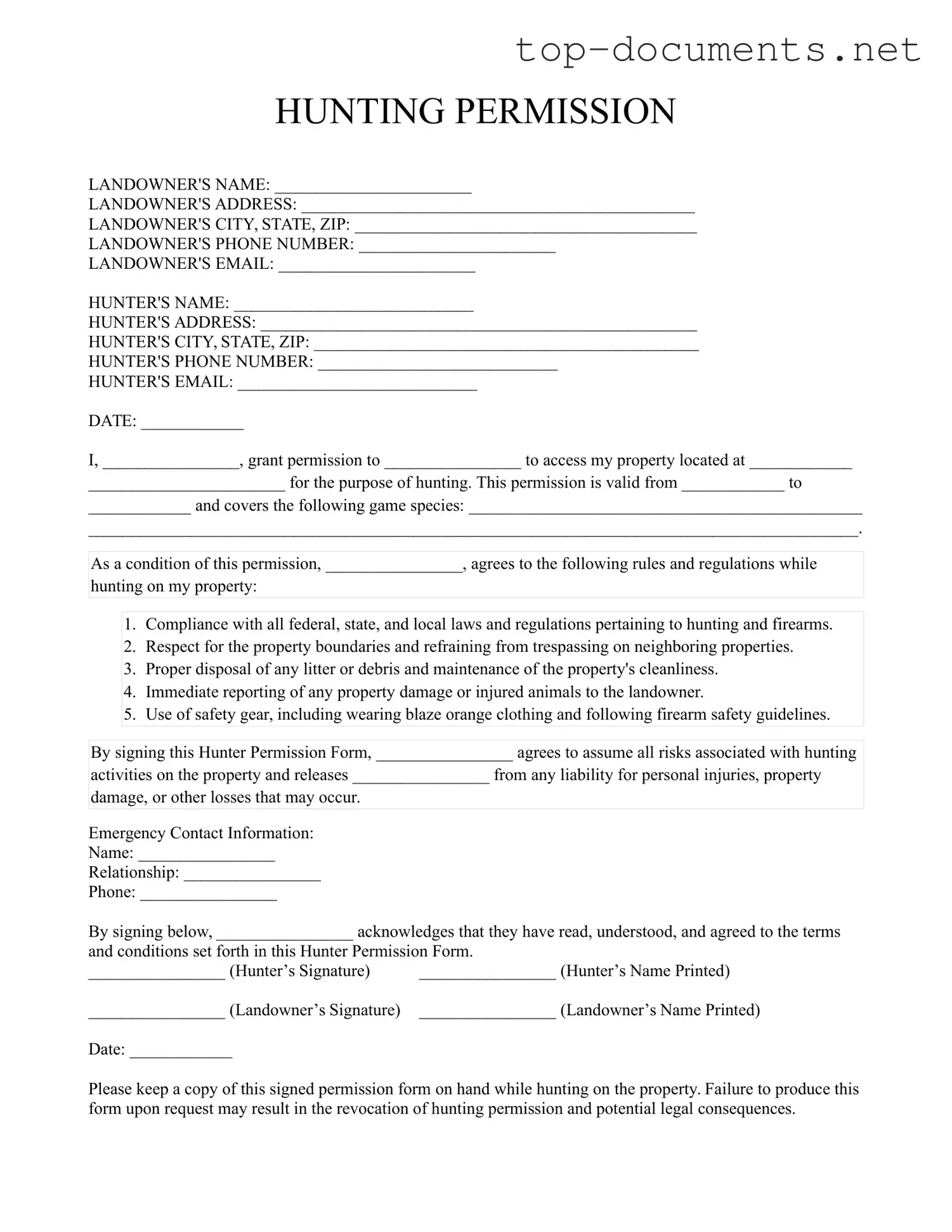 Free Hunter Permission PDF Form
