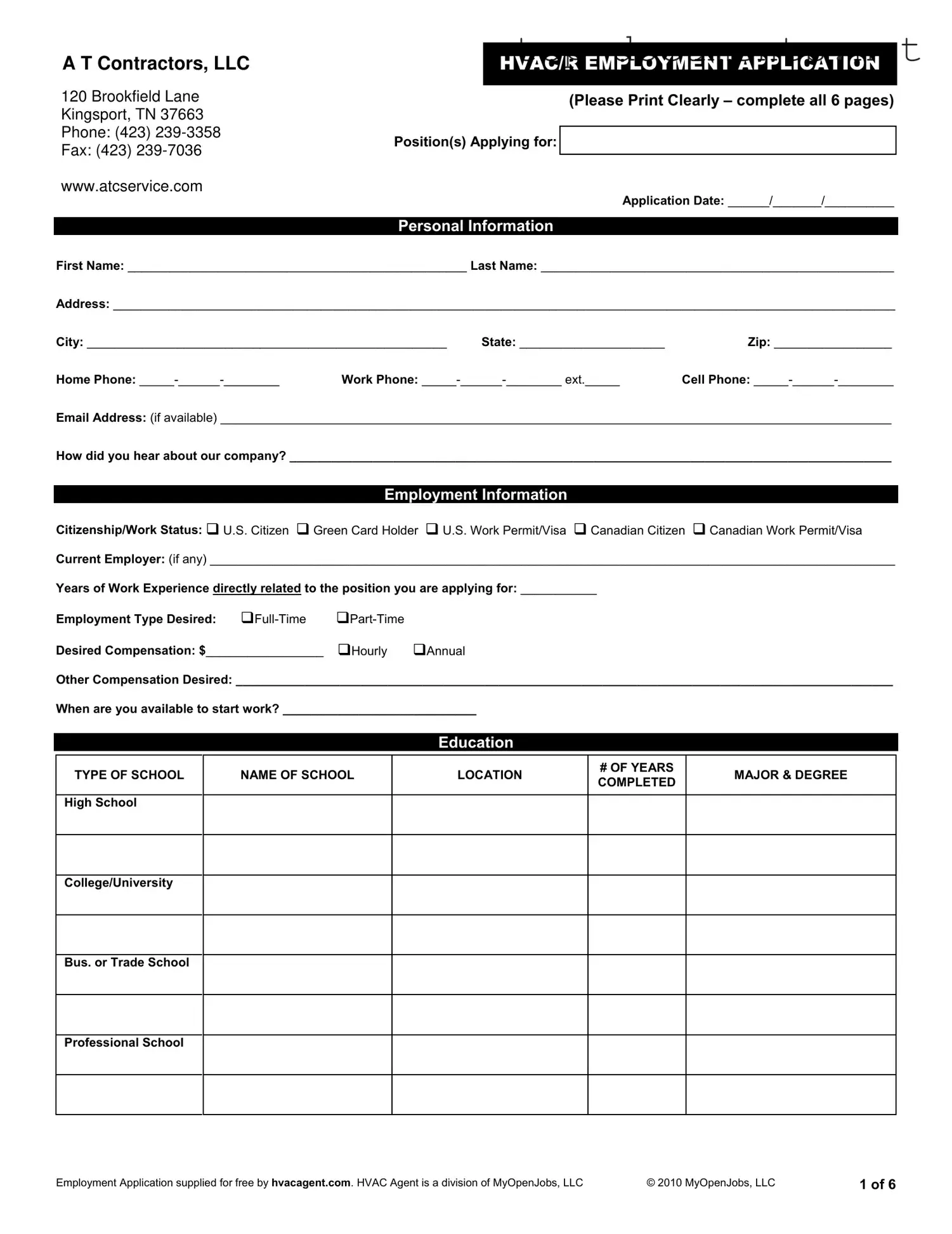 Free Hvac Job Application PDF Form