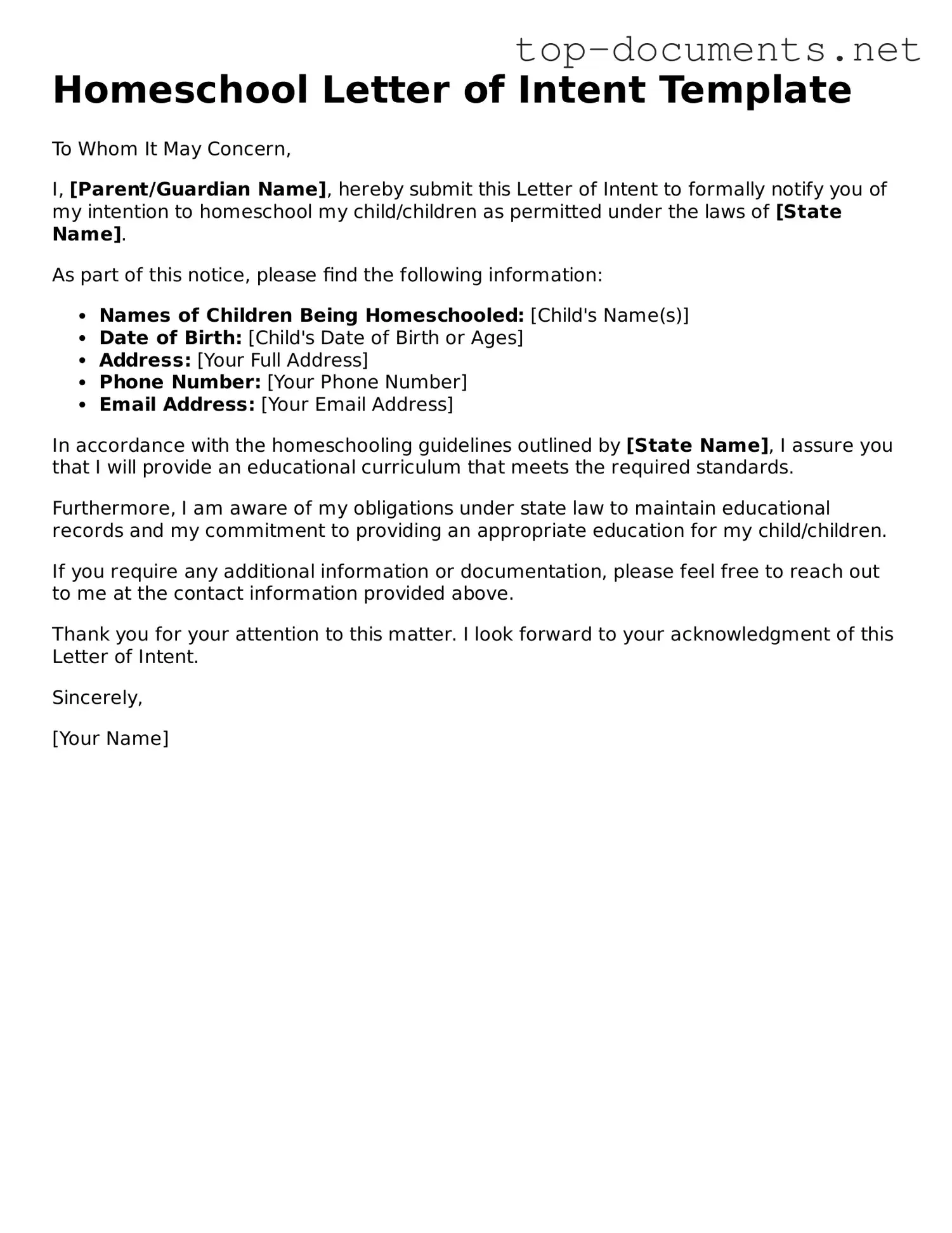 Attorney-Verified Homeschool Letter of Intent Form