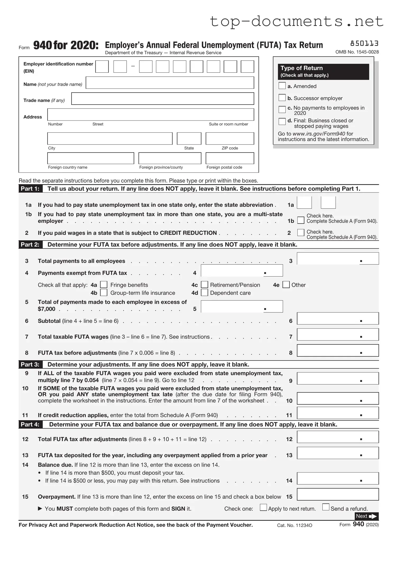 Free IRS 940 PDF Form