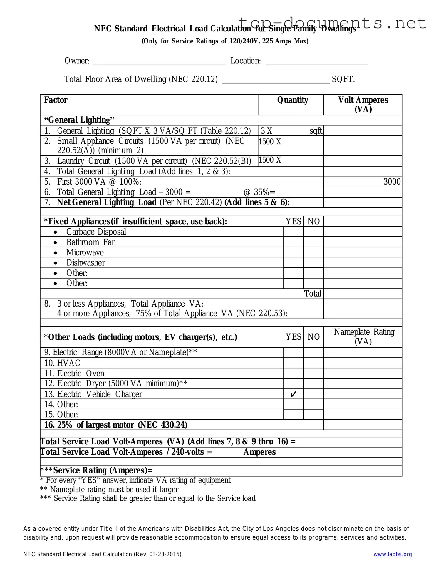 Free LADBS NEC Standard Electrical Load Calculation PDF Form
