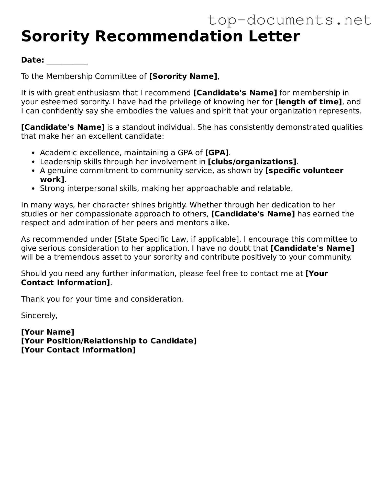 Attorney-Verified Sorority Recommendation Letter Form