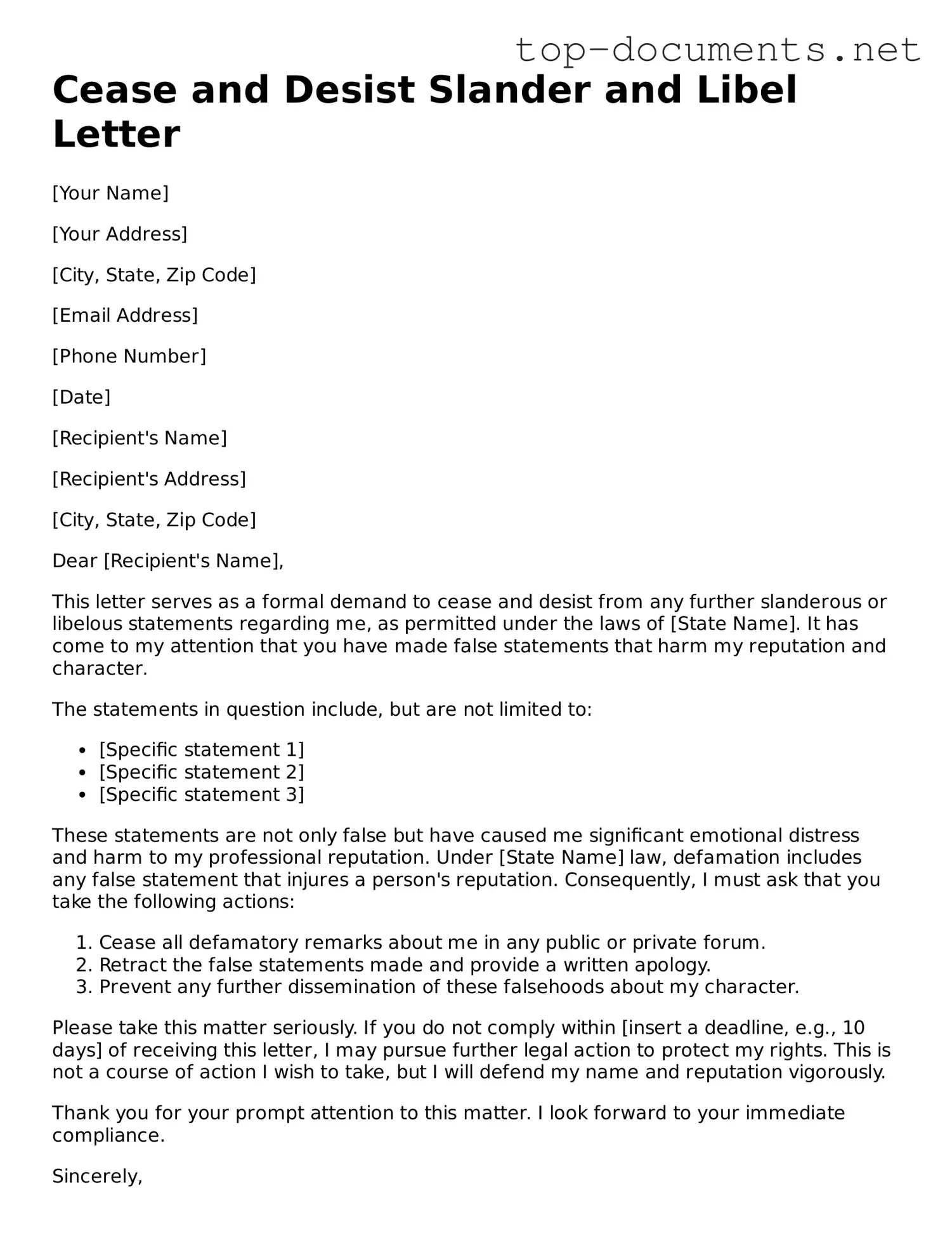 Attorney-Verified Cease and Desist Slander and Libel Letter Form