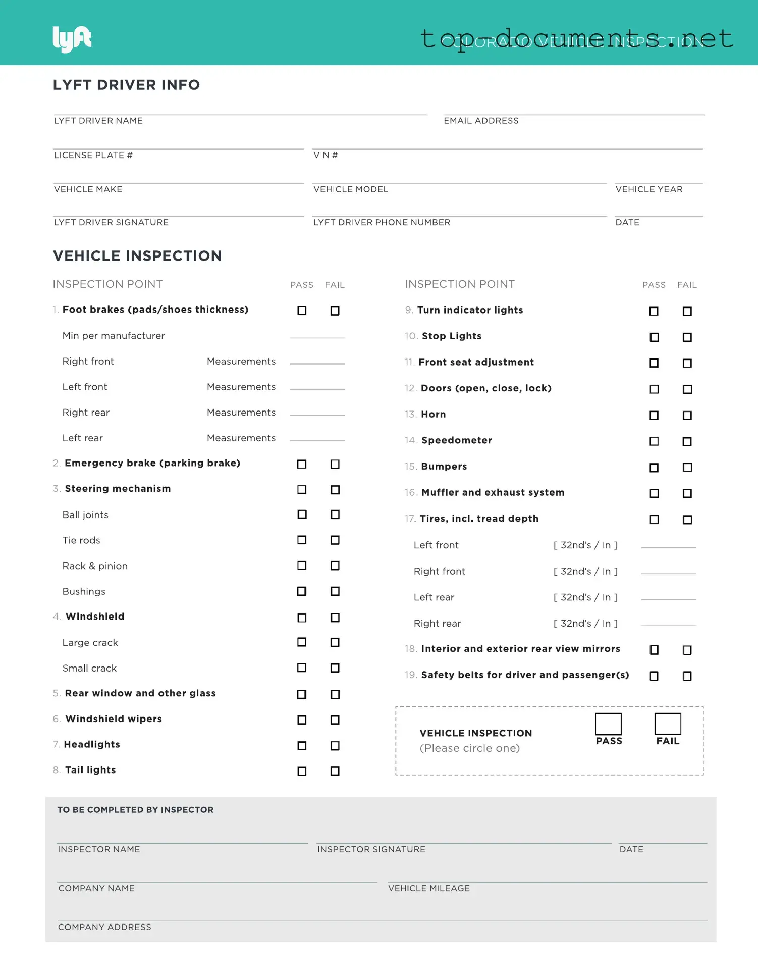 Free Lyft Inspection PDF Form