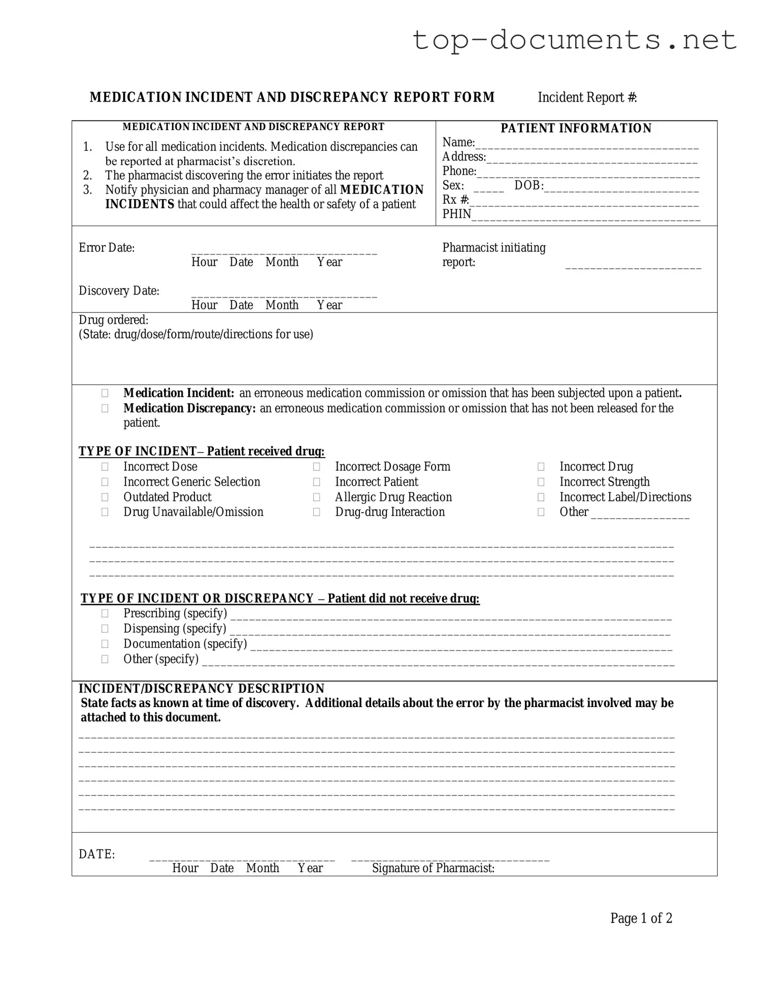 Free Medication Error PDF Form
