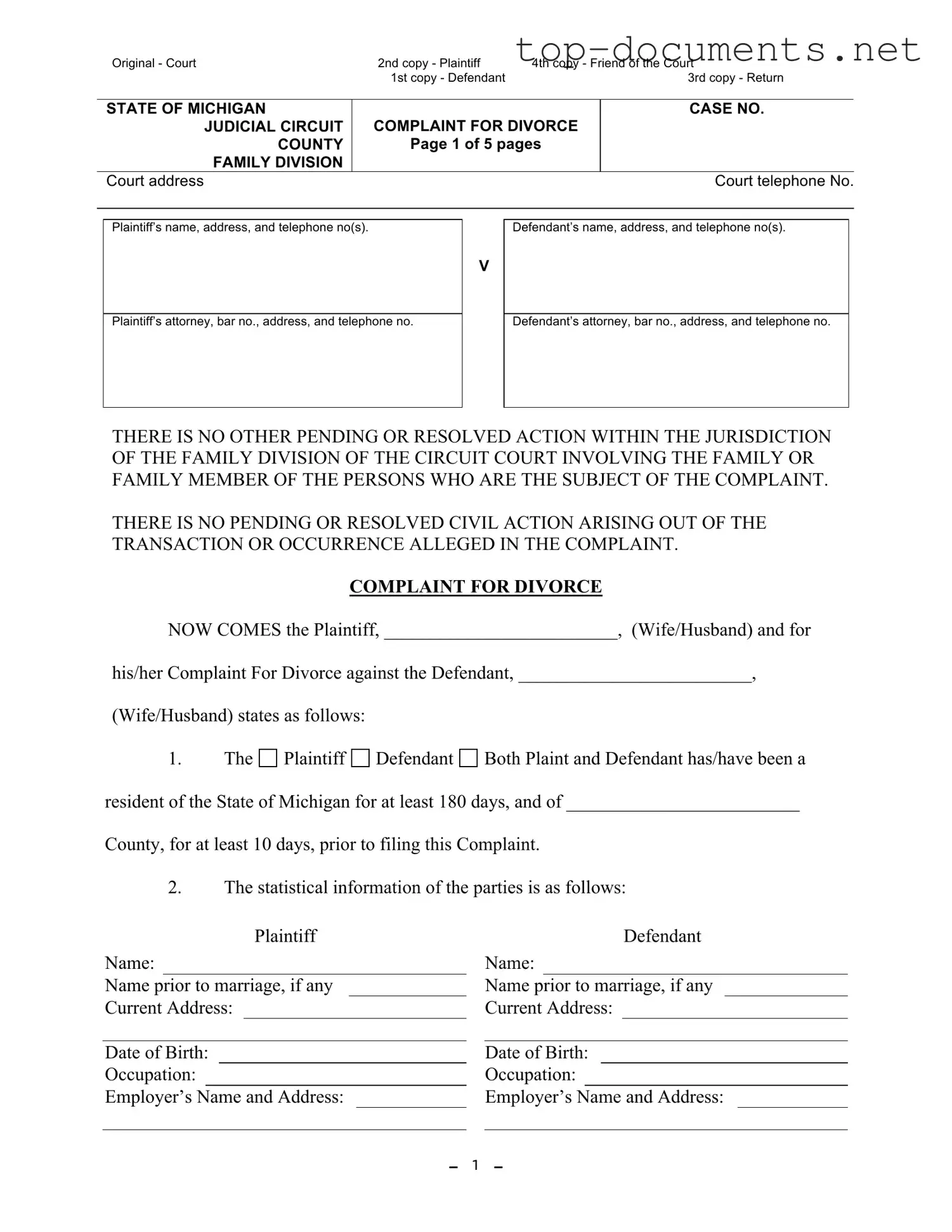 Free Michigan Complaint Divorce PDF Form