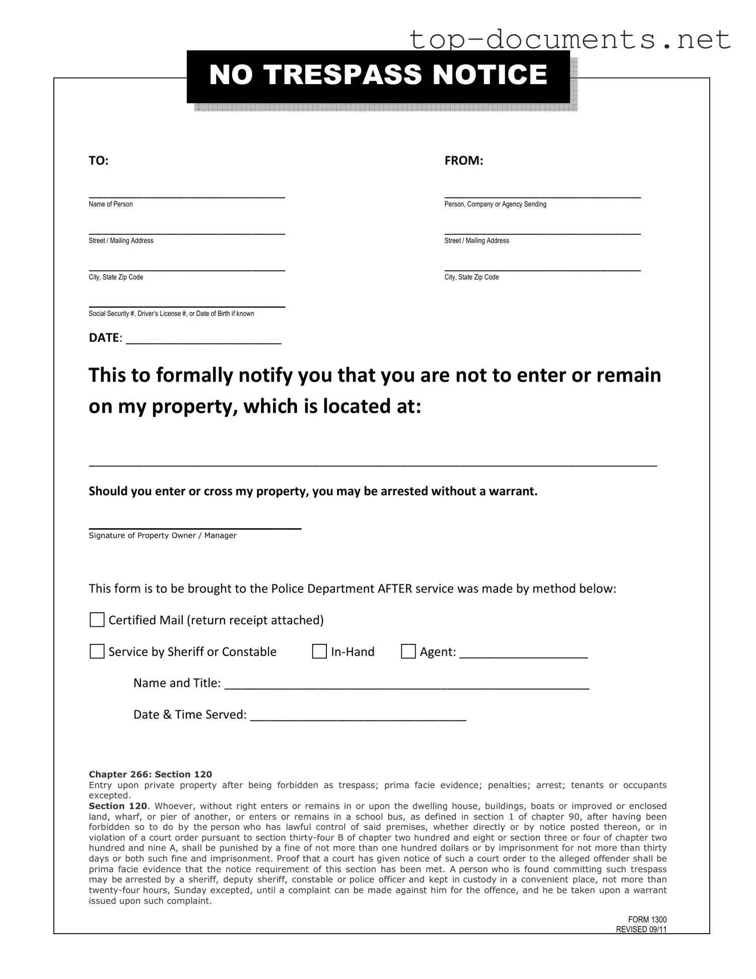 Free No Trespassing Letter PDF Form