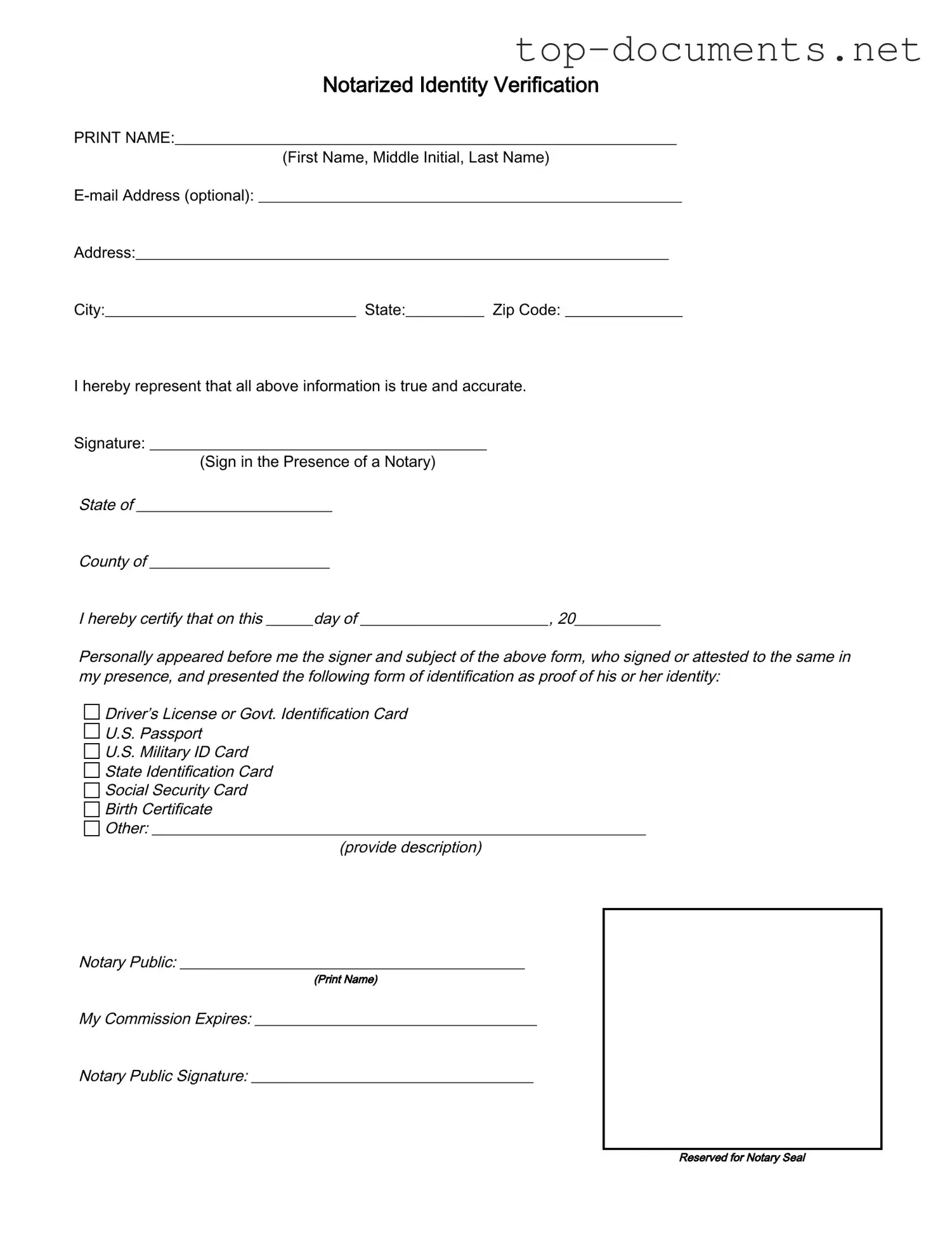 Free Notarized Identity Verification PDF Form