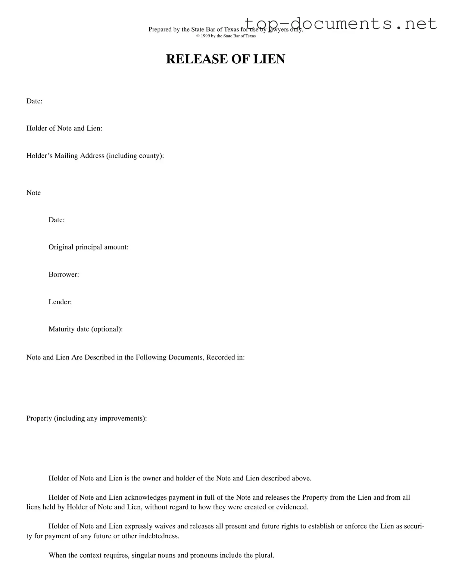 Free Release Of Lien Texas PDF Form