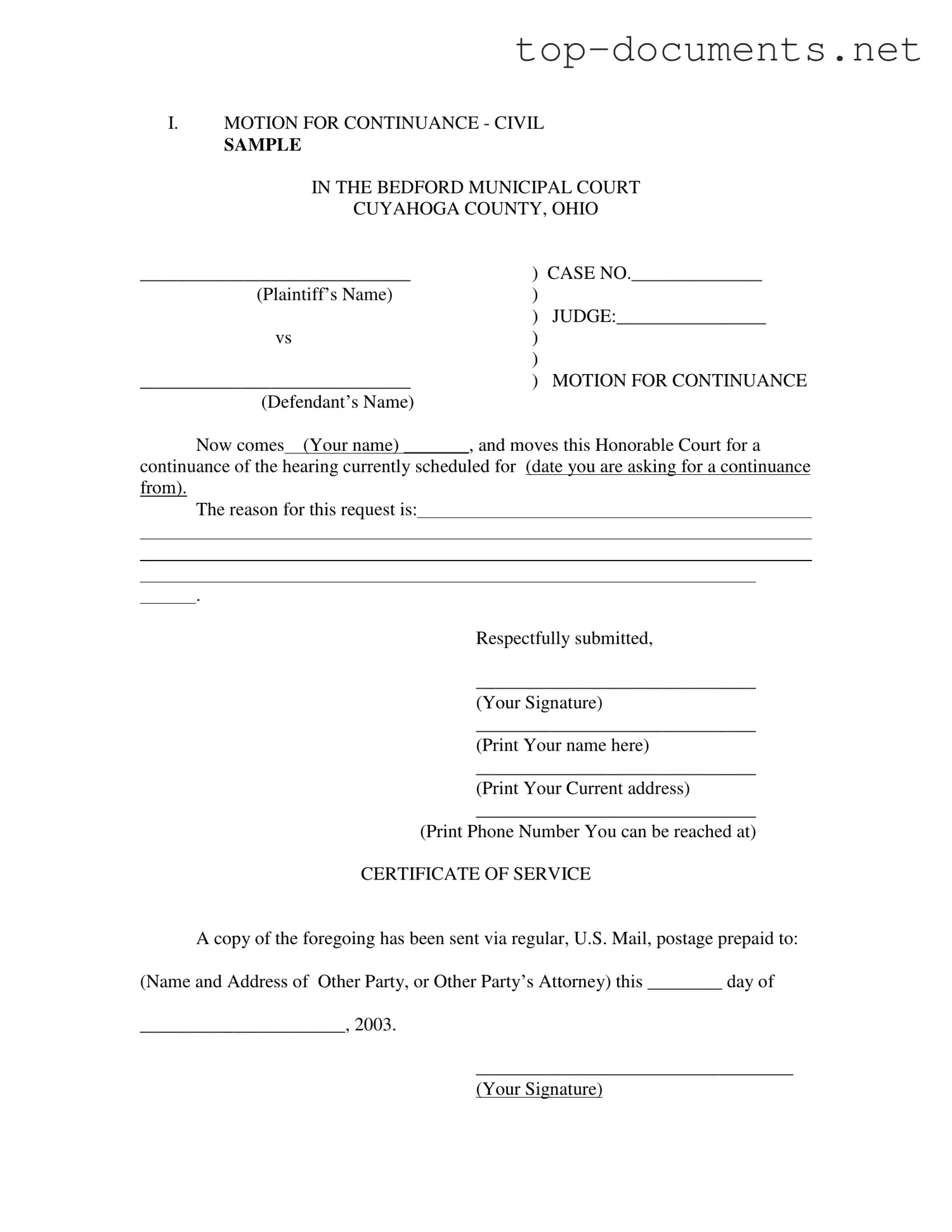 Free Motion For Continuance PDF Form