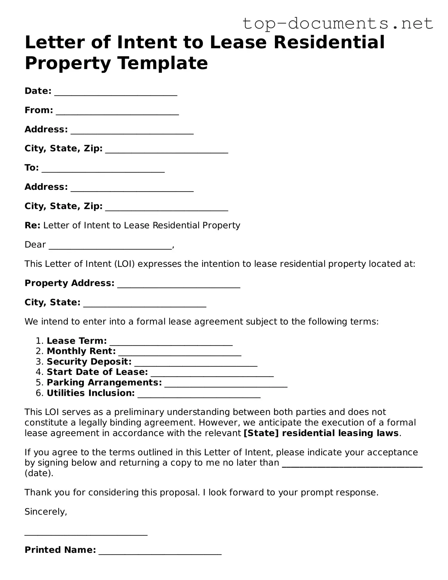 Attorney-Verified Letter of Intent to Lease Residential Property Form