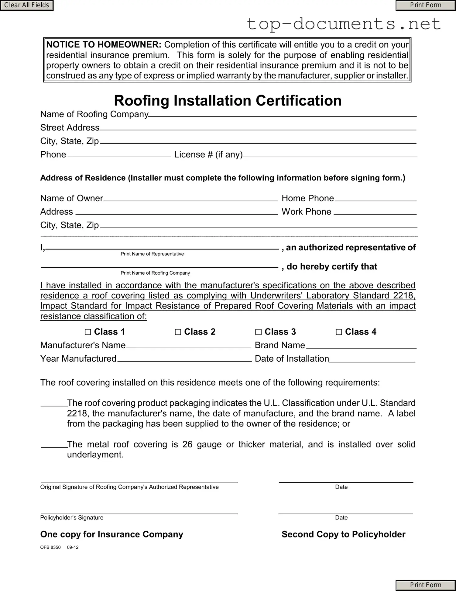 Free Roofing Certificate PDF Form