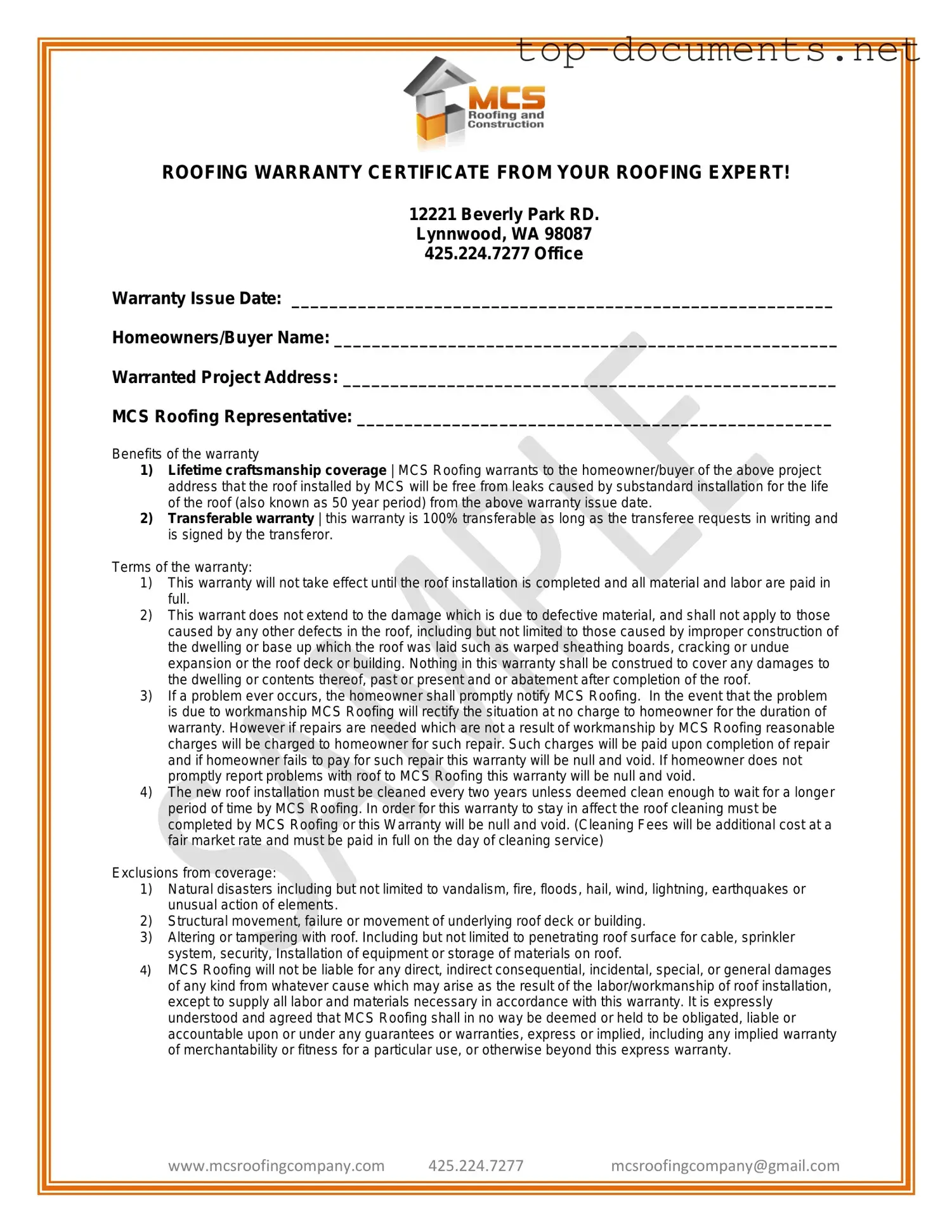 Free Roofing Warranty Certificate PDF Form