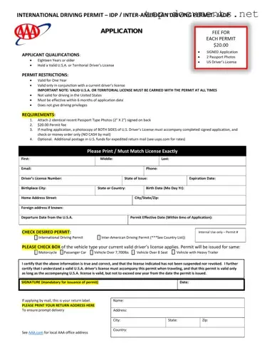 Free Aaa International Driving Permit Application PDF Form