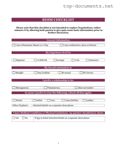 Free Bdsm Checklist PDF Form
