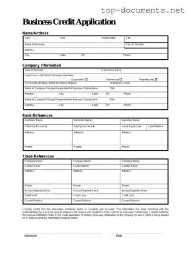 Free Business Credit Application PDF Form