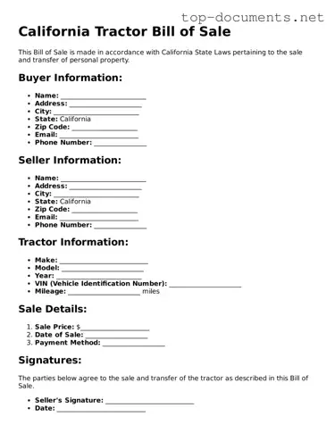 Printable Tractor Bill of Sale Form for the State of California