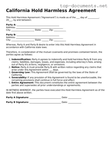Printable Hold Harmless Agreement Form for the State of California