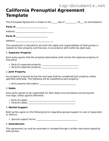Printable Prenuptial Agreement Form for the State of California
