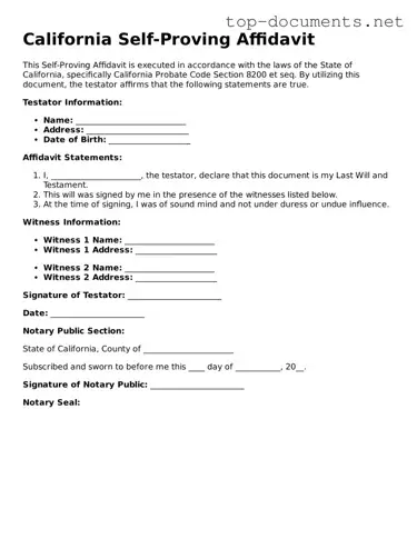 Printable Self-Proving Affidavit Form for the State of California