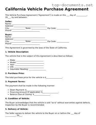 Printable Vehicle Purchase Agreement Form for the State of California