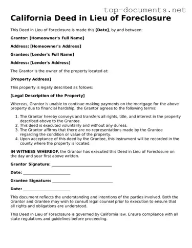 Printable Deed in Lieu of Foreclosure Form for the State of California