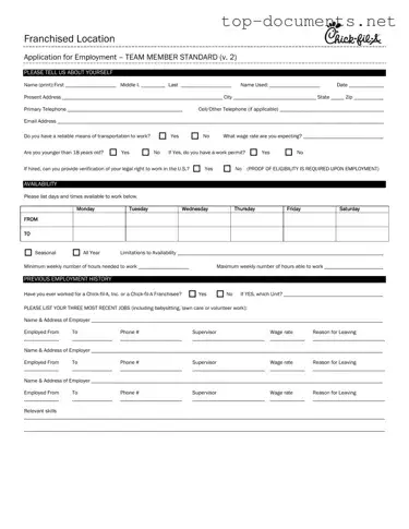 Free Chick Fil A Job Application PDF Form