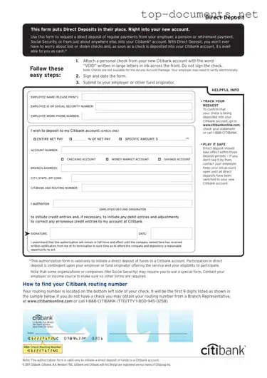 Free Citibank Direct Deposit PDF Form
